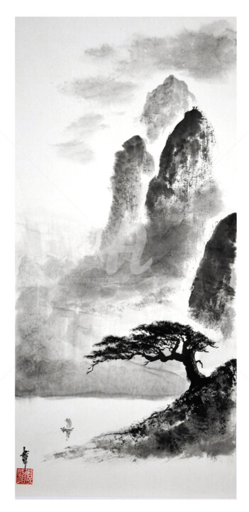 Peinture intitulée "L'arbre et le bateau" par Jean-Marc Moschetti (encre-zen), Œuvre d'art originale, Encre Monté sur Châssi…