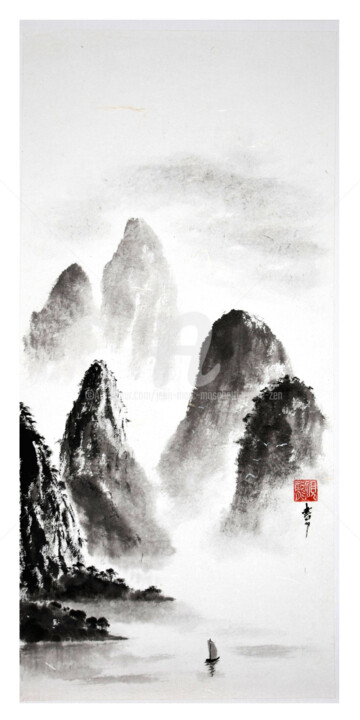 绘画 标题为“Une voile rentre au…” 由Jean-Marc Moschetti (encre-zen), 原创艺术品, 墨 安装在木质担架架上