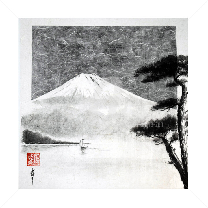 Painting titled "Mont Fuji depuis le…" by Jean-Marc Moschetti (encre-zen), Original Artwork, Ink Mounted on Wood Stretcher f…