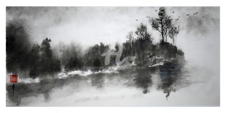 Painting titled "Berges mystérieuses" by Jean-Marc Moschetti (encre-zen), Original Artwork, Ink