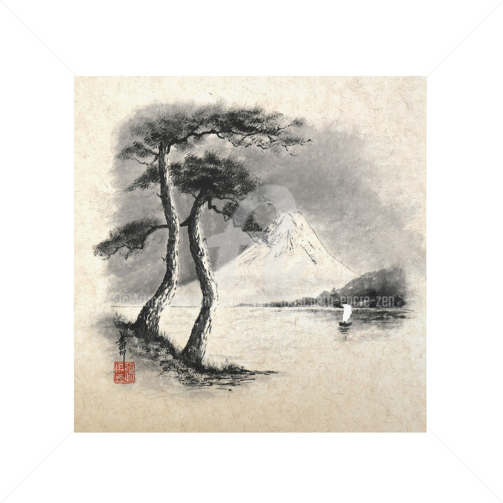 Painting titled "Fuji "vintage"" by Jean-Marc Moschetti (encre-zen), Original Artwork, Ink Mounted on Wood Stretcher frame