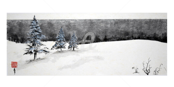 Painting titled "Hiver à Hokkaido" by Jean-Marc Moschetti (encre-zen), Original Artwork, Ink Mounted on Wood Stretcher frame