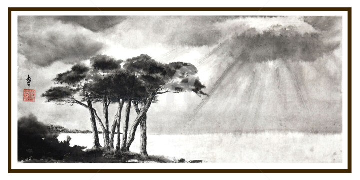 Peinture intitulée "Marine aux pins" par Jean-Marc Moschetti (encre-zen), Œuvre d'art originale, Encre Monté sur Châssis en…