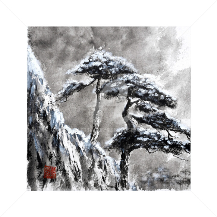 Painting titled "Neige dans les Huan…" by Jean-Marc Moschetti (encre-zen), Original Artwork, Ink Mounted on Wood Stretcher f…