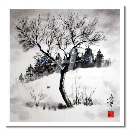 Painting titled "Neige" by Jean-Marc Moschetti (encre-zen), Original Artwork, Ink Mounted on Wood Stretcher frame