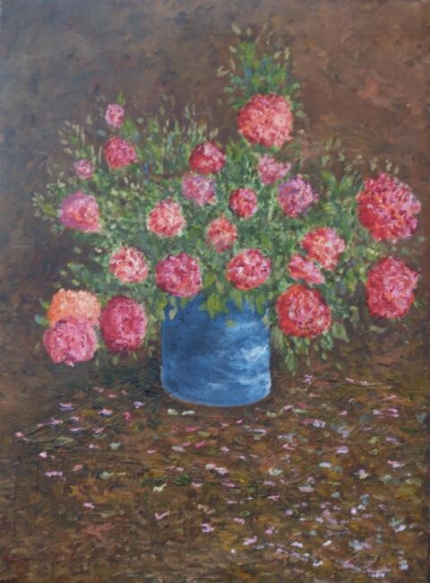 Painting titled "Roses sur la table" by Jean-Marc Serieys, Original Artwork, Oil