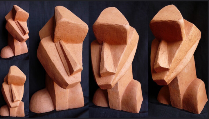 Sculpture titled "Tête cubiste" by Jean-Marie Gleizes, Original Artwork, Clay