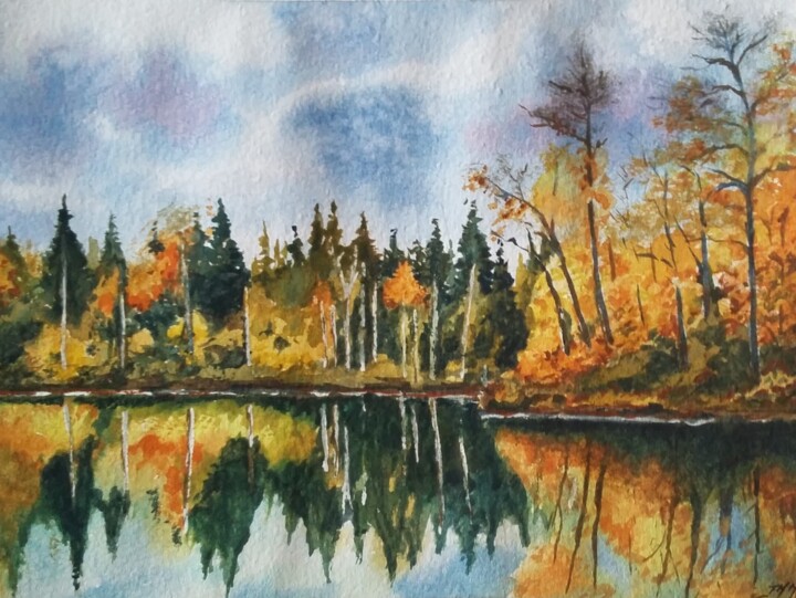 Painting titled "Reflets d' automne" by Jean-Marie Nicol, Original Artwork, Watercolor