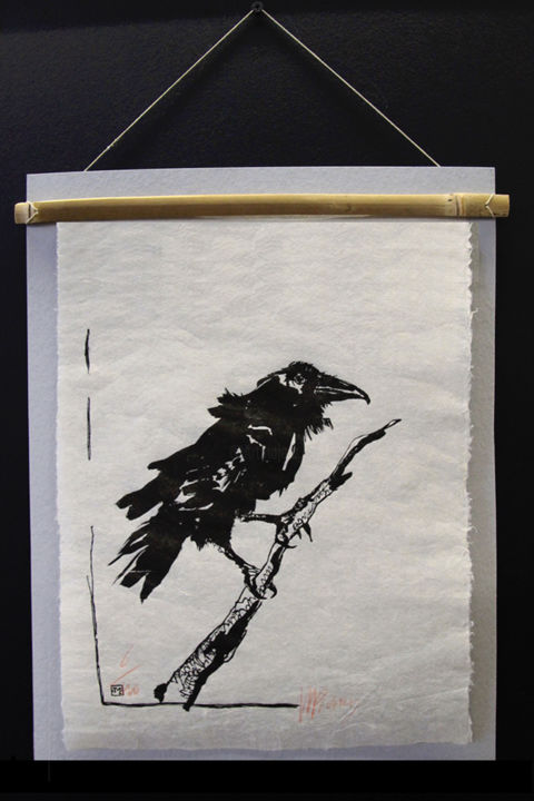Printmaking titled "Corbeau" by Jean-Marie Picard, Original Artwork, Xylography Mounted on Cardboard
