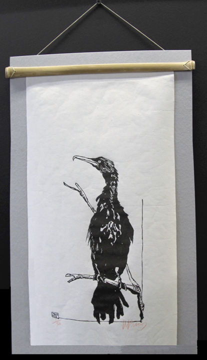 Printmaking titled "Cormoran" by Jean-Marie Picard, Original Artwork, Xylography Mounted on Cardboard