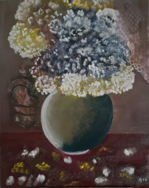 Painting titled "Bouquet d'hortensias" by Jean-Marie Reynaud (jmry), Original Artwork, Oil Mounted on Wood Stretcher frame