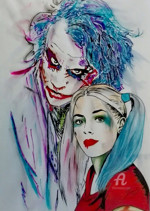 Drawing titled "Joker Harley quinn." by Jean-Marie Vandaele, Original Artwork
