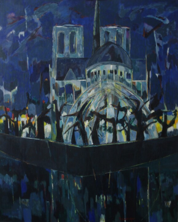 Painting titled "Notre Dame" by Jean-Maxime Relange, Original Artwork, Oil Mounted on Wood Stretcher frame