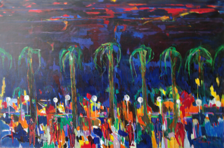 Painting titled "Cannes la nuit" by Jean-Maxime Relange, Original Artwork, Oil Mounted on Wood Stretcher frame