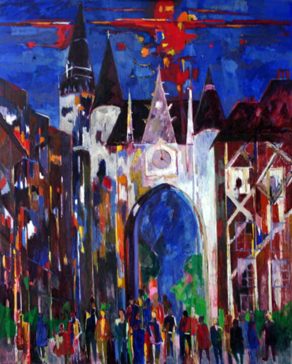 Painting titled "Auxerre" by Jean-Maxime Relange, Original Artwork, Oil Mounted on Wood Stretcher frame