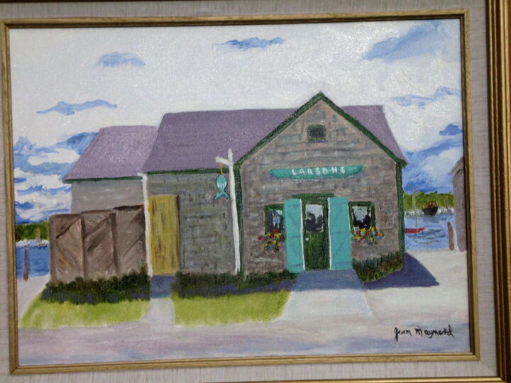 Painting titled "Larson's Fish Market" by Jean Maynard, Original Artwork, Oil