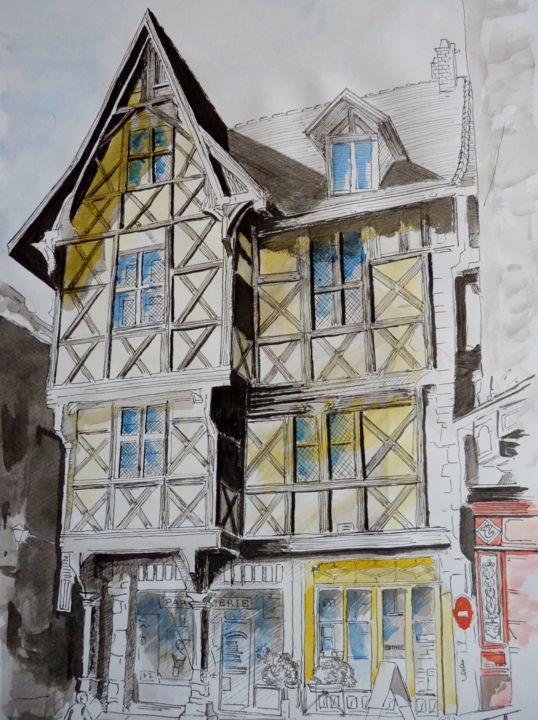 Desenho intitulada "maison à colombages" por Jean Gaborieau, Obras de arte originais
