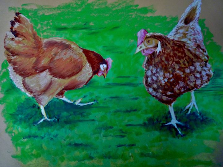 Malerei mit dem Titel "les poules de Marce…" von Jean Gaborieau, Original-Kunstwerk, Pastell