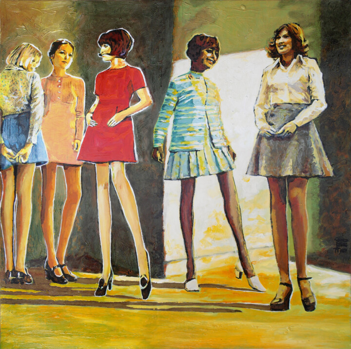 Painting titled "1970, cinq femmes l…" by Jean-Michel Goletto, Original Artwork, Oil