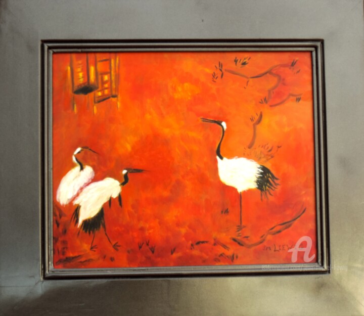 Painting titled "DANSE DE GRUES CHIN…" by Jean-Michel Liewig, Original Artwork, Oil