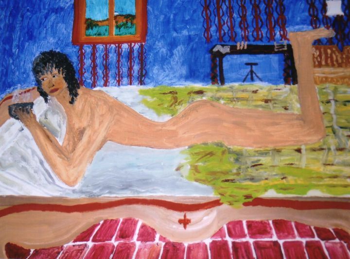 Painting titled "Nu allongé au petit…" by Jean Michel Magna, Original Artwork, Oil