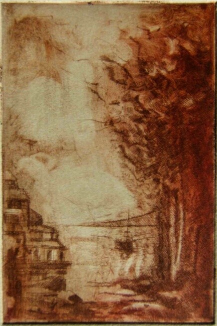 Druckgrafik mit dem Titel "port d'attache sepia" von Jean-Michel Rackelboom, Original-Kunstwerk, Andere