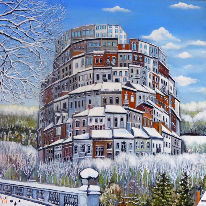 Peinture intitulée "neige a babel" par Jean-Michel Yon, Œuvre d'art originale, Huile Monté sur Châssis en bois