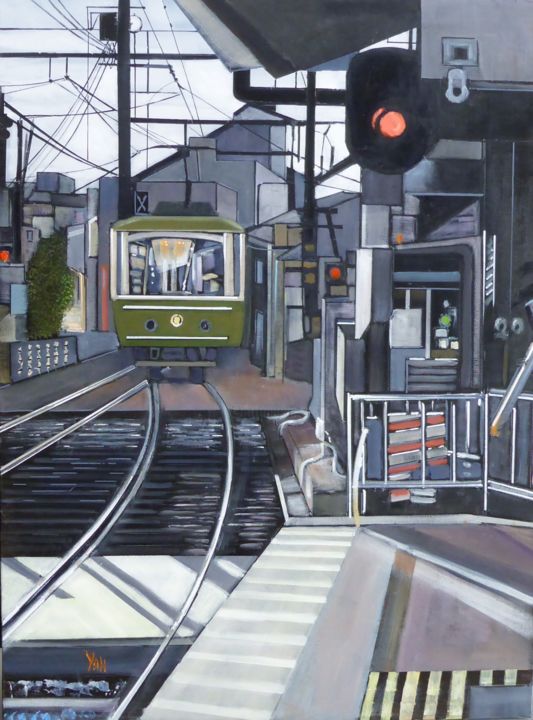 「la gare」というタイトルの絵画 Jean-Michel Yonによって, オリジナルのアートワーク, オイル ウッドストレッチャーフレームにマウント