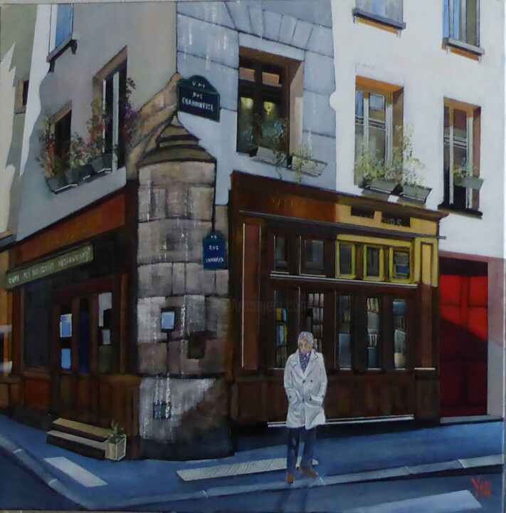 Painting titled "rue chanoinesse" by Jean-Michel Yon, Original Artwork, Oil Mounted on Wood Stretcher frame