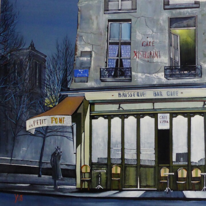 Painting titled "le bistrot du petit…" by Jean-Michel Yon, Original Artwork, Oil Mounted on Wood Stretcher frame