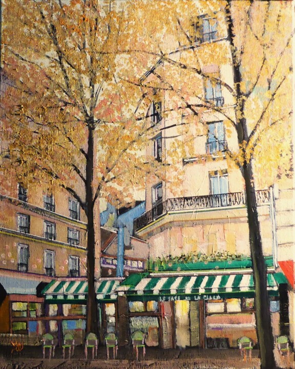 Painting titled "automne Parisien" by Jean-Michel Yon, Original Artwork, Oil Mounted on Wood Stretcher frame