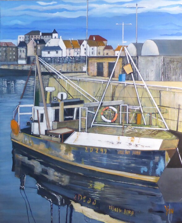 Painting titled "le port" by Jean-Michel Yon, Original Artwork, Oil Mounted on Wood Stretcher frame