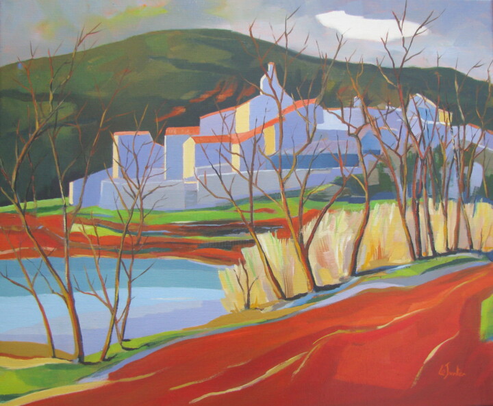 Painting titled "Celles en hiver, pa…" by Jean-Noël Le Junter, Original Artwork, Oil Mounted on Wood Stretcher frame