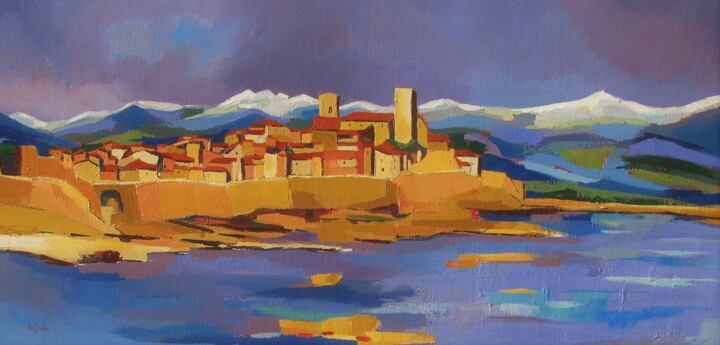 Painting titled "Antibes" by Jean-Noël Le Junter, Original Artwork, Oil Mounted on Wood Stretcher frame