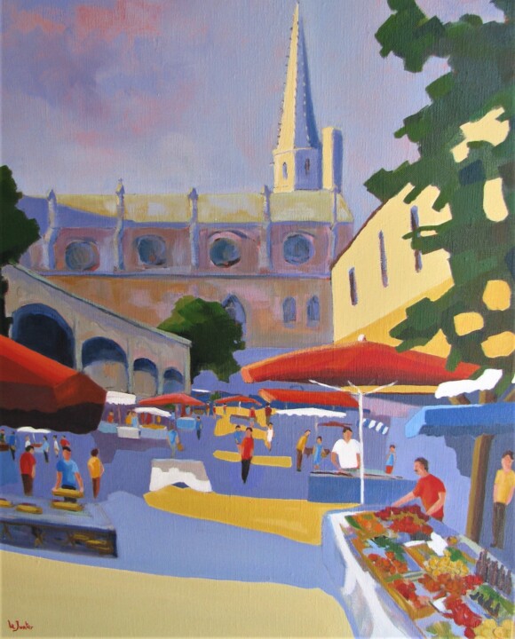 Painting titled "Le marché de Mirepo…" by Jean-Noël Le Junter, Original Artwork, Oil Mounted on Wood Stretcher frame