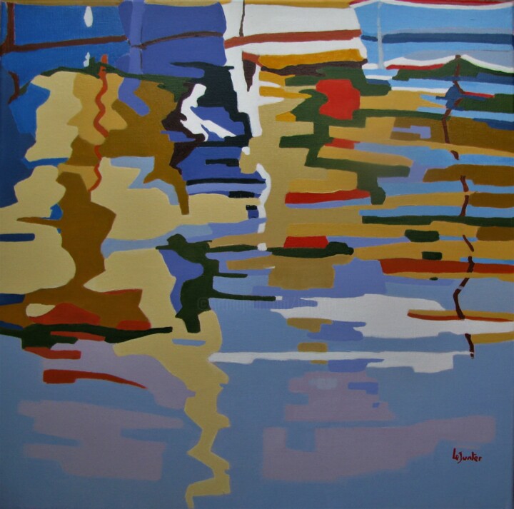 Painting titled "Reflets dans le por…" by Jean-Noël Le Junter, Original Artwork, Oil Mounted on Wood Stretcher frame