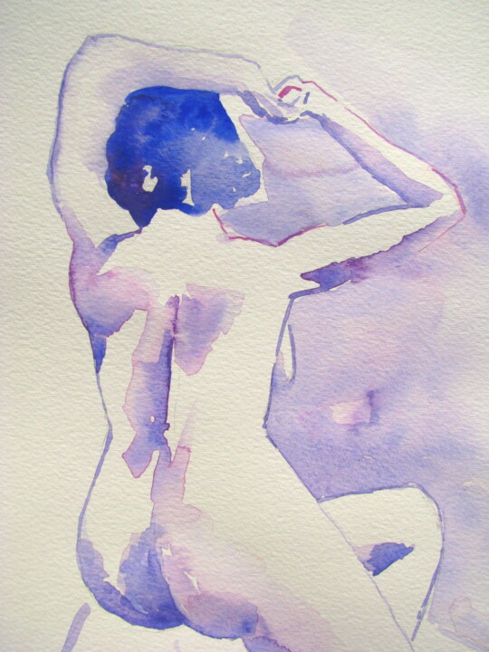 Картина под названием "Nu bleu bras levés" - Jean-Noël Le Junter, Подлинное произведение искусства, Акварель Установлен на Д…