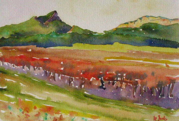 Painting titled "Le Pic Saint-Loup e…" by Jean-Noël Le Junter, Original Artwork, Watercolor Mounted on Cardboard