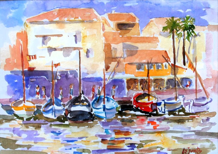 Painting titled "Pointus à Sanary 8" by Jean-Noël Le Junter, Original Artwork, Watercolor Mounted on Wood Panel