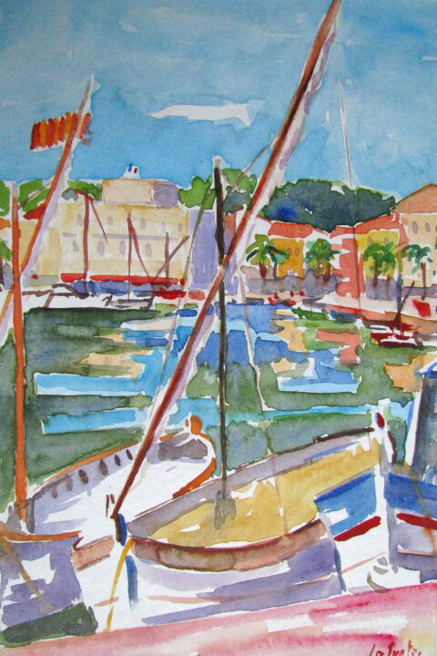 Peinture intitulée "Le port de Sanary" par Jean-Noël Le Junter, Œuvre d'art originale, Aquarelle Monté sur Panneau de bois