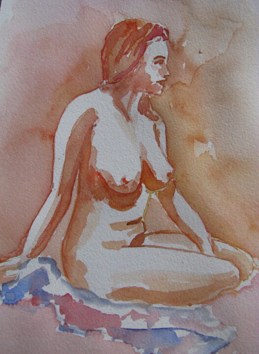 Painting titled "Nu assis, de profil" by Jean-Noël Le Junter, Original Artwork, Watercolor