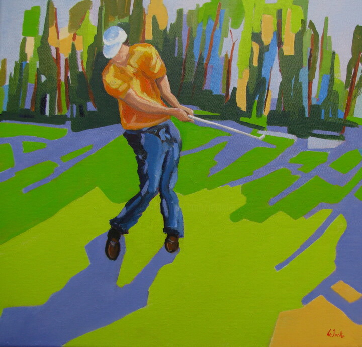 Painting titled "Golfeur" by Jean-Noël Le Junter, Original Artwork, Oil Mounted on Wood Stretcher frame