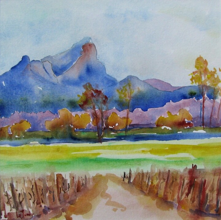 Peinture intitulée "Le Pic Saint-Loup e…" par Jean-Noël Le Junter, Œuvre d'art originale, Aquarelle Monté sur Panneau de bois