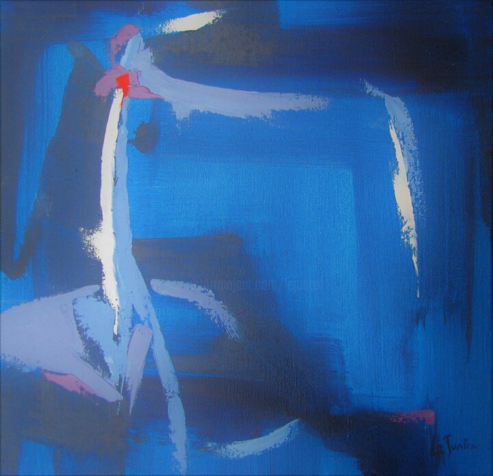 Peinture intitulée "Fantaisie en bleu" par Jean-Noël Le Junter, Œuvre d'art originale, Huile Monté sur Châssis en bois