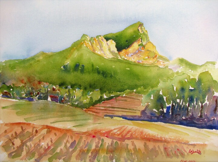 Painting titled "Le Pic Saint-Loup v…" by Jean-Noël Le Junter, Original Artwork, Watercolor Mounted on Wood Panel