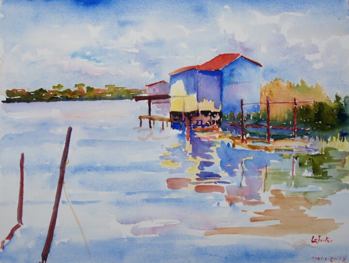 Painting titled "Les cabanes de Cand…" by Jean-Noël Le Junter, Original Artwork, Watercolor Mounted on Wood Panel