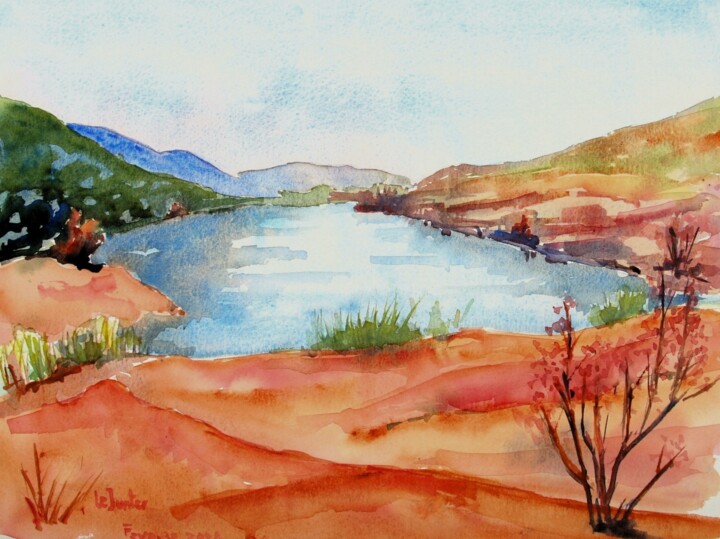 Pintura intitulada "Le lac du Salagou a…" por Jean-Noël Le Junter, Obras de arte originais, Aquarela Montado em Painel de ma…