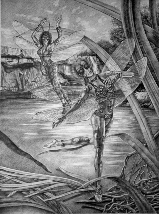 Drawing titled "Les Libellules" by Jean Paul Boyer, Original Artwork, Pencil