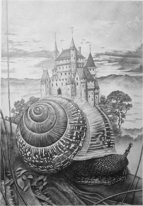 Desenho intitulada "L'escargot et sa ma…" por Jean Paul Boyer, Obras de arte originais, Lápis