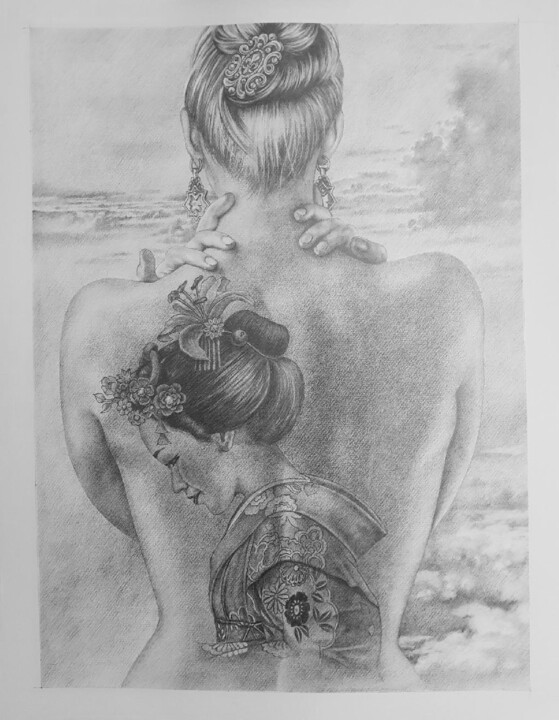 Dessin intitulée "La femme au tatouage" par Jean Paul Boyer, Œuvre d'art originale, Crayon